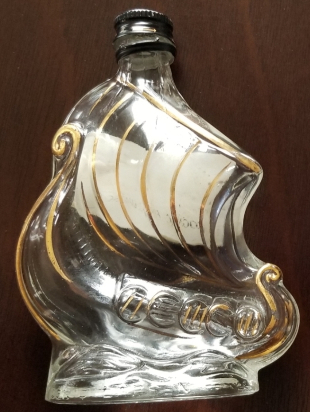 Larsen Vintage Viking Ship Invincible Mini Cognac Bottle Glass Gold Detail 50 ml